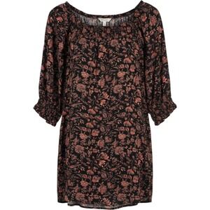 Smocked Off-Shoulder Dress in Black with Coral Floral‎ Cottagecore Boho Style